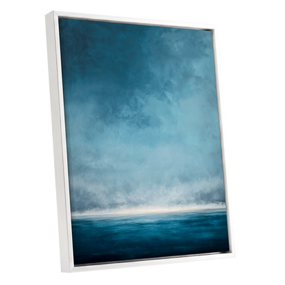 Tide Beyond Silence, blue, white, gray nature wall art shown as a white framed canvas wall art