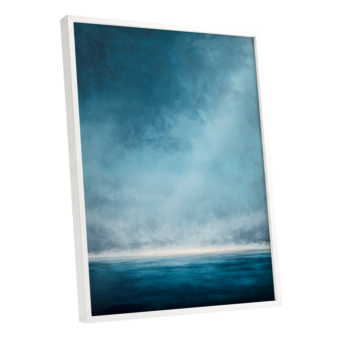 Tide Beyond Silence, blue, white, gray nature wall art shown as a white framed poster wall art print