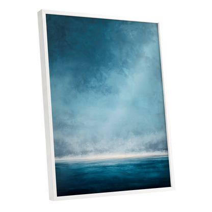 Tide Beyond Silence, blue, white, gray nature wall art shown as a white framed poster wall art print