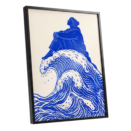 Tidebound Reverie, blue, beige, white nature wall art shown as a black framed poster wall art print