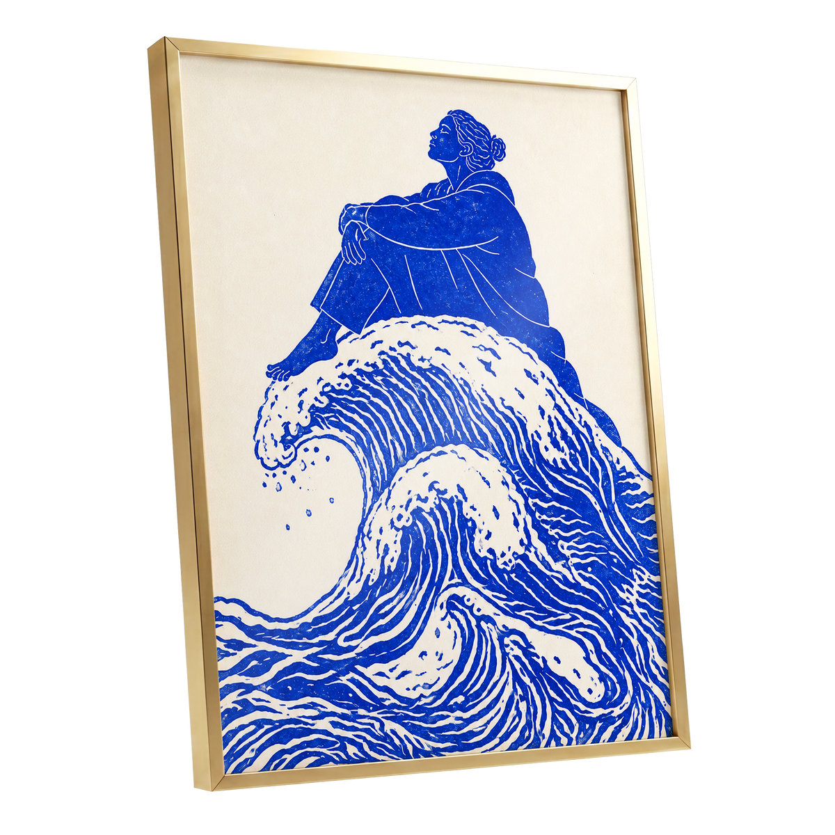 Tidebound Reverie, blue, beige, white nature wall art shown as a gold framed poster wall art print