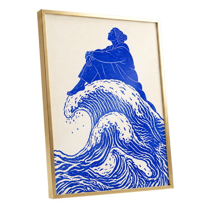 Tidebound Reverie, blue, beige, white nature wall art shown as a gold framed poster wall art print