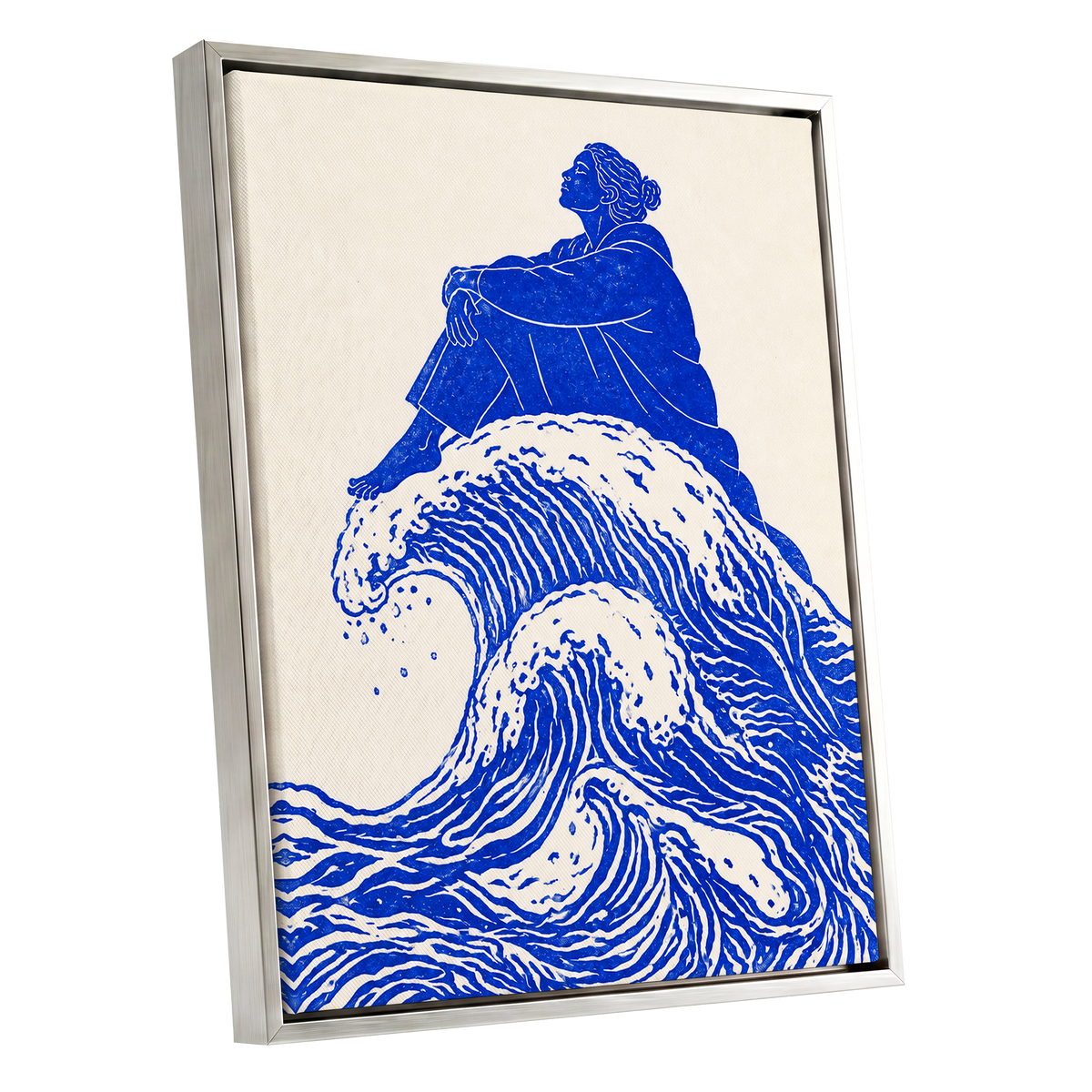 Tidebound Reverie, blue, beige, white nature wall art shown as a silver framed canvas wall art