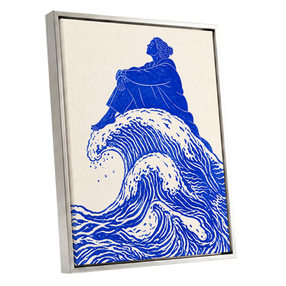 Tidebound Reverie, blue, beige, white nature wall art shown as a silver framed canvas wall art