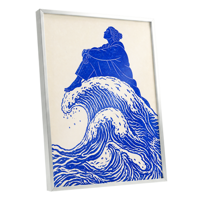 Tidebound Reverie, blue, beige, white nature wall art shown as a silver framed poster wall art print