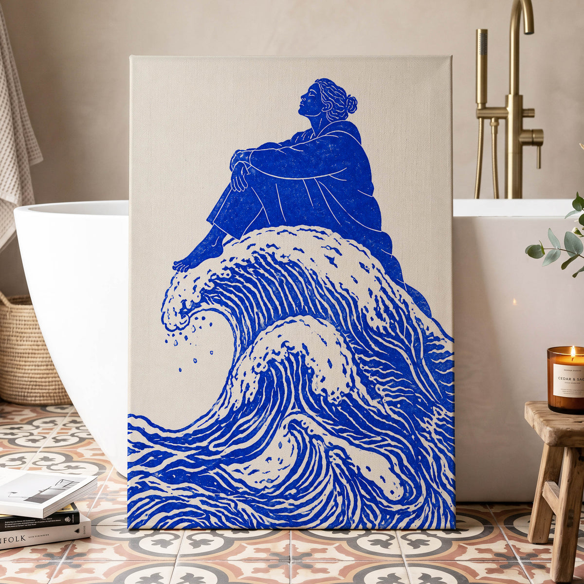 Tidebound Reverie, blue, beige, white nature wall art displayed in a styled interior, gallery view 3