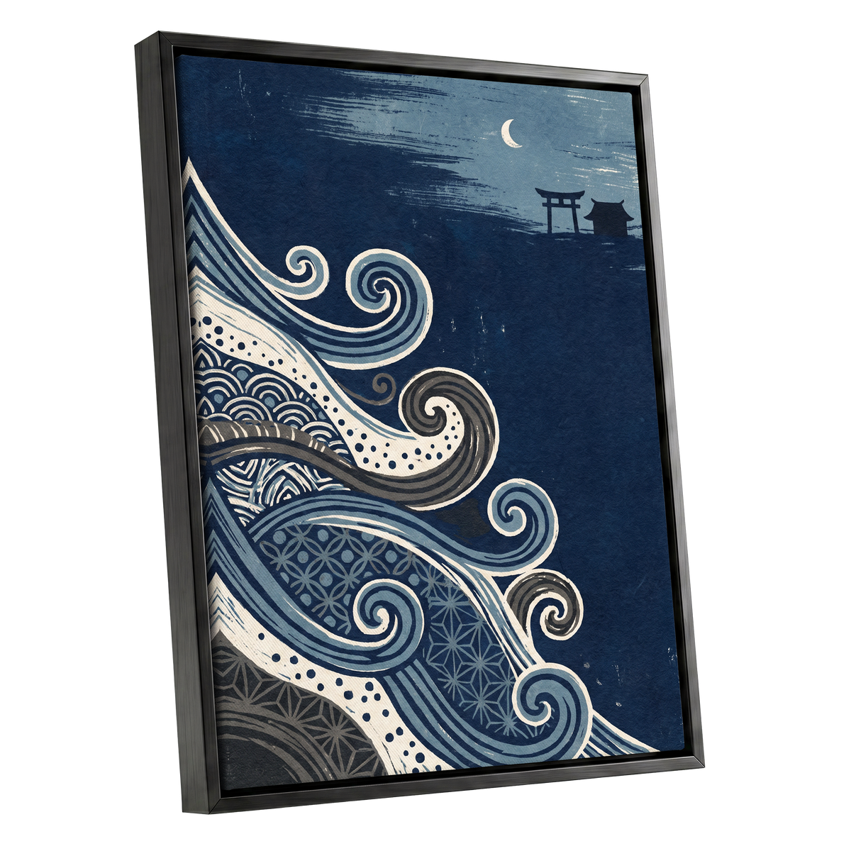 Tides of Indigo, blue, beige, gray nature wall art shown as a black framed canvas wall art