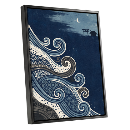 Tides of Indigo, blue, beige, gray nature wall art shown as a black framed canvas wall art