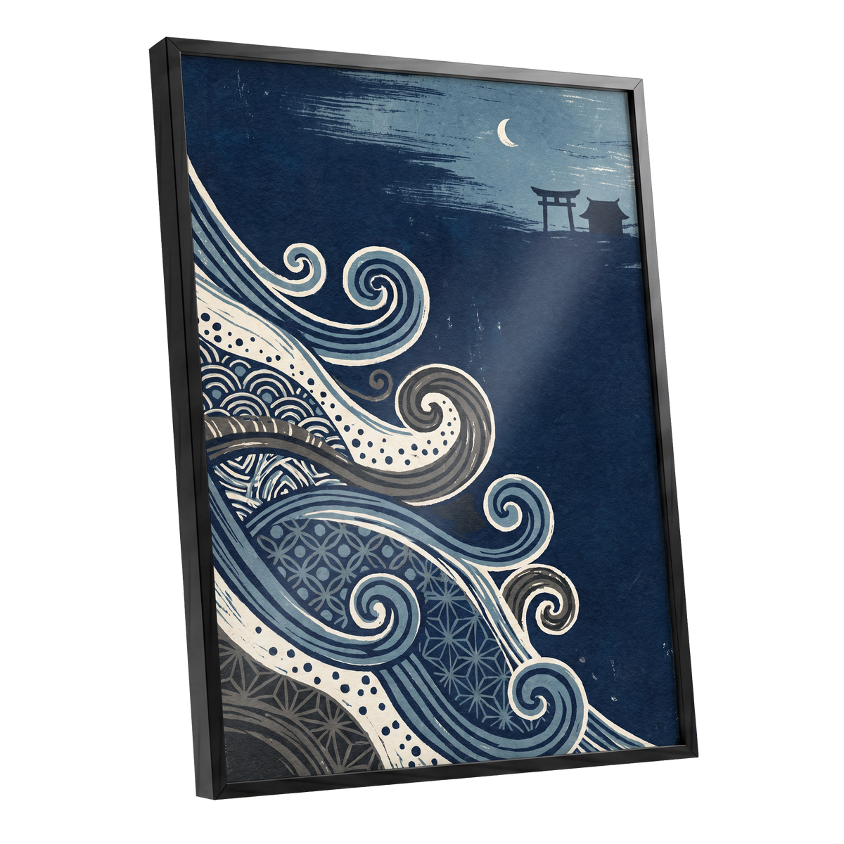 Tides of Indigo, blue, beige, gray nature wall art shown as a black framed poster wall art print