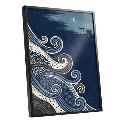 Tides of Indigo, blue, beige, gray nature wall art shown as a black framed poster wall art print