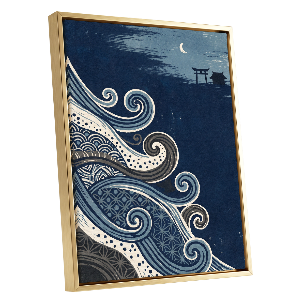 Tides of Indigo, blue, beige, gray nature wall art shown as a gold framed canvas wall art