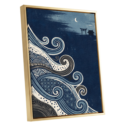 Tides of Indigo, blue, beige, gray nature wall art shown as a gold framed canvas wall art