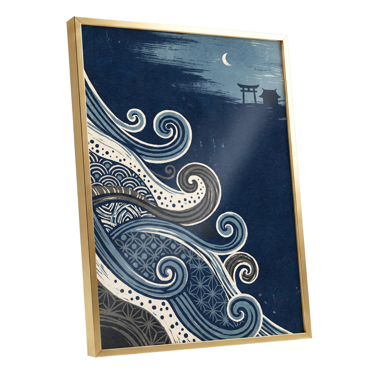 Tides of Indigo, blue, beige, gray nature wall art shown as a gold framed poster wall art print