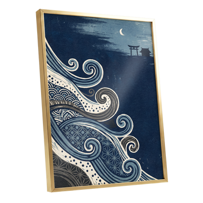 Tides of Indigo, blue, beige, gray nature wall art shown as a gold framed poster wall art print