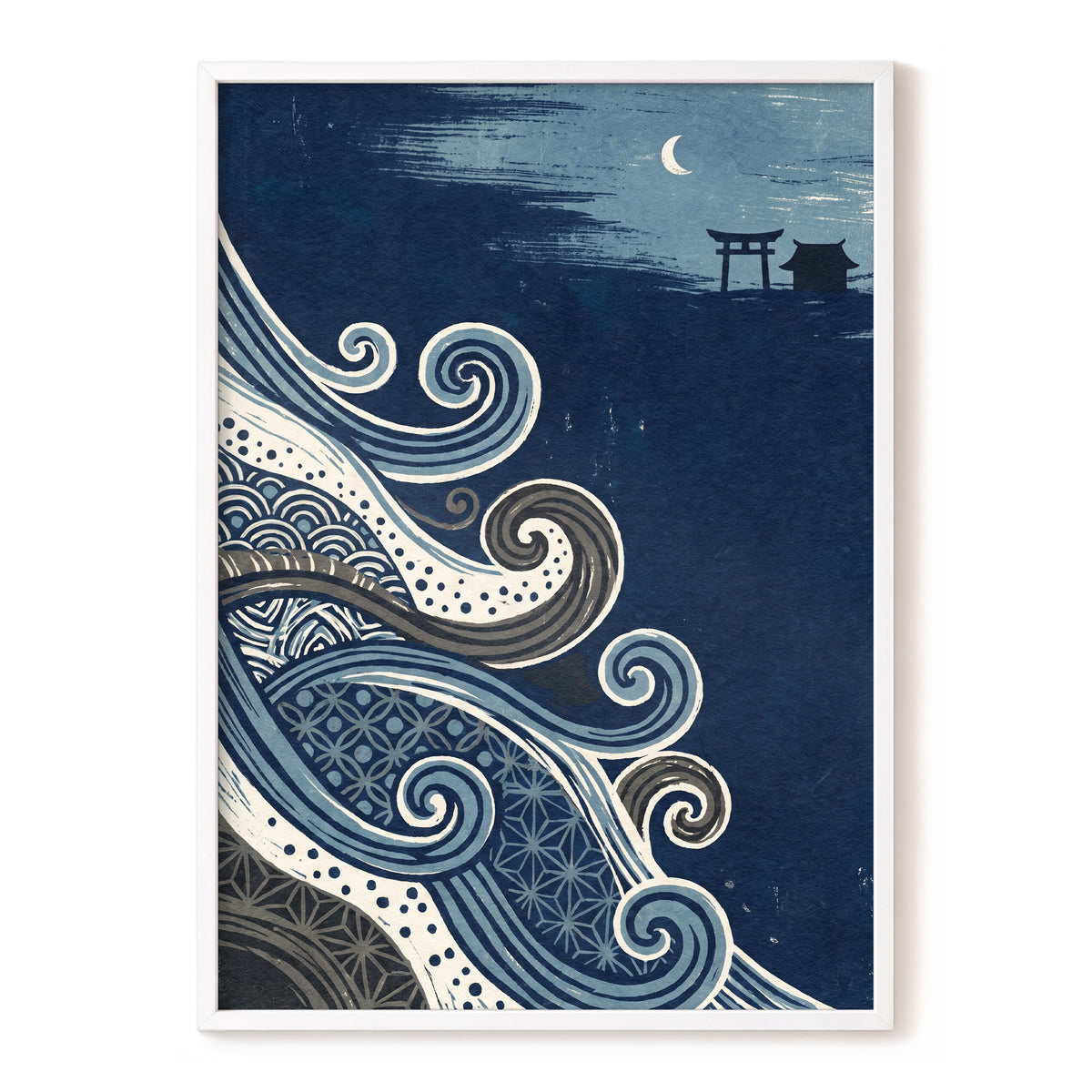 Tides of Indigo, blue, beige, gray nature wall art, front artwork view
