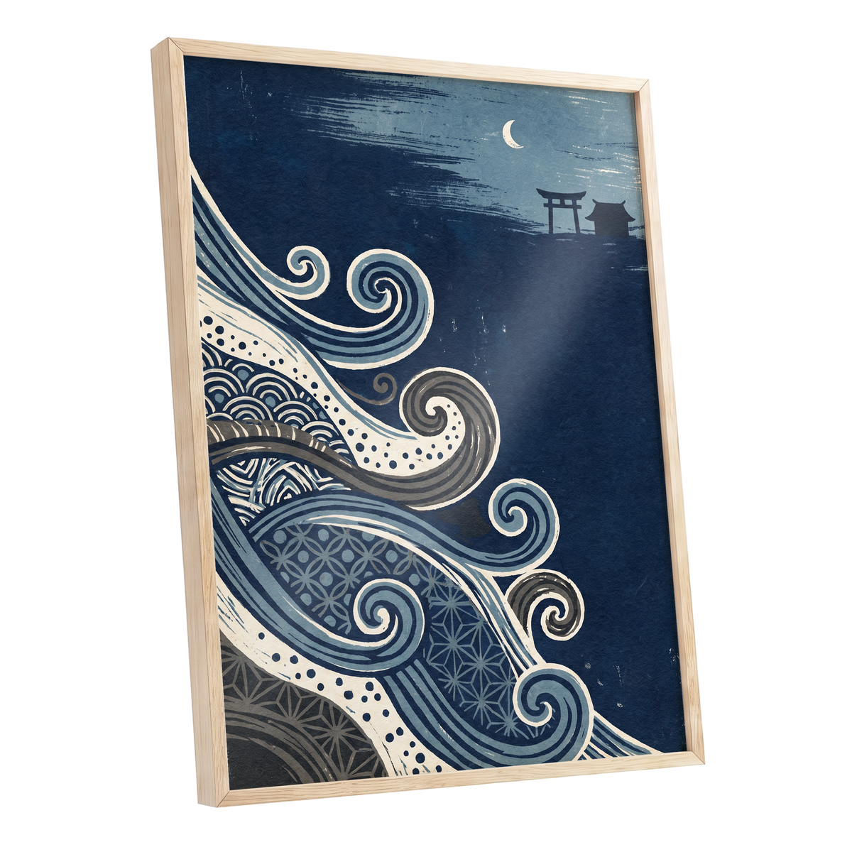 Tides of Indigo, blue, beige, gray nature wall art shown as a oak framed poster wall art print