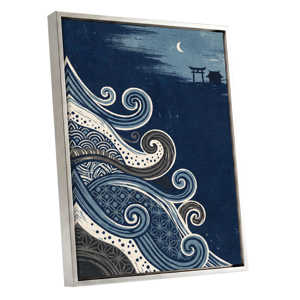 Tides of Indigo, blue, beige, gray nature wall art shown as a silver framed canvas wall art