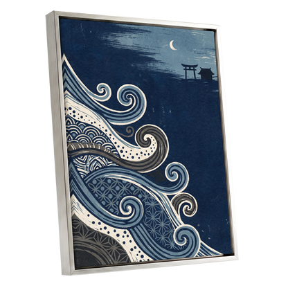 Tides of Indigo, blue, beige, gray nature wall art shown as a silver framed canvas wall art