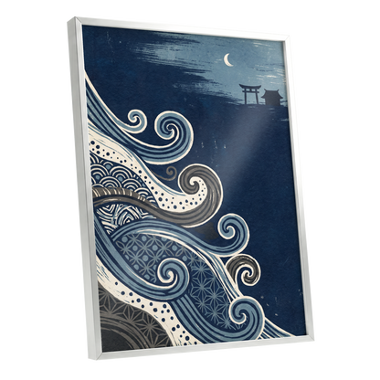 Tides of Indigo, blue, beige, gray nature wall art shown as a silver framed poster wall art print