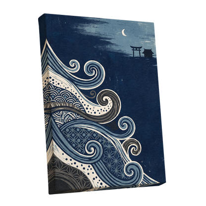 Tides of Indigo, blue, beige, gray nature wall art shown as a stretched canvas wall art