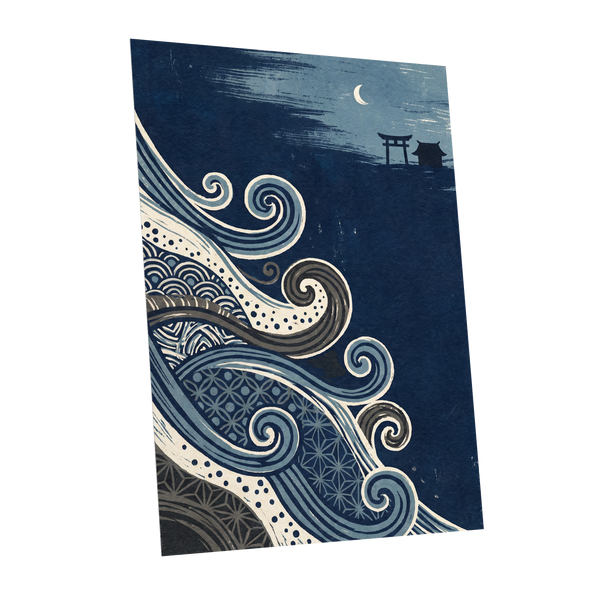Tides of Indigo, blue, beige, gray nature wall art shown as a unframed poster wall art print