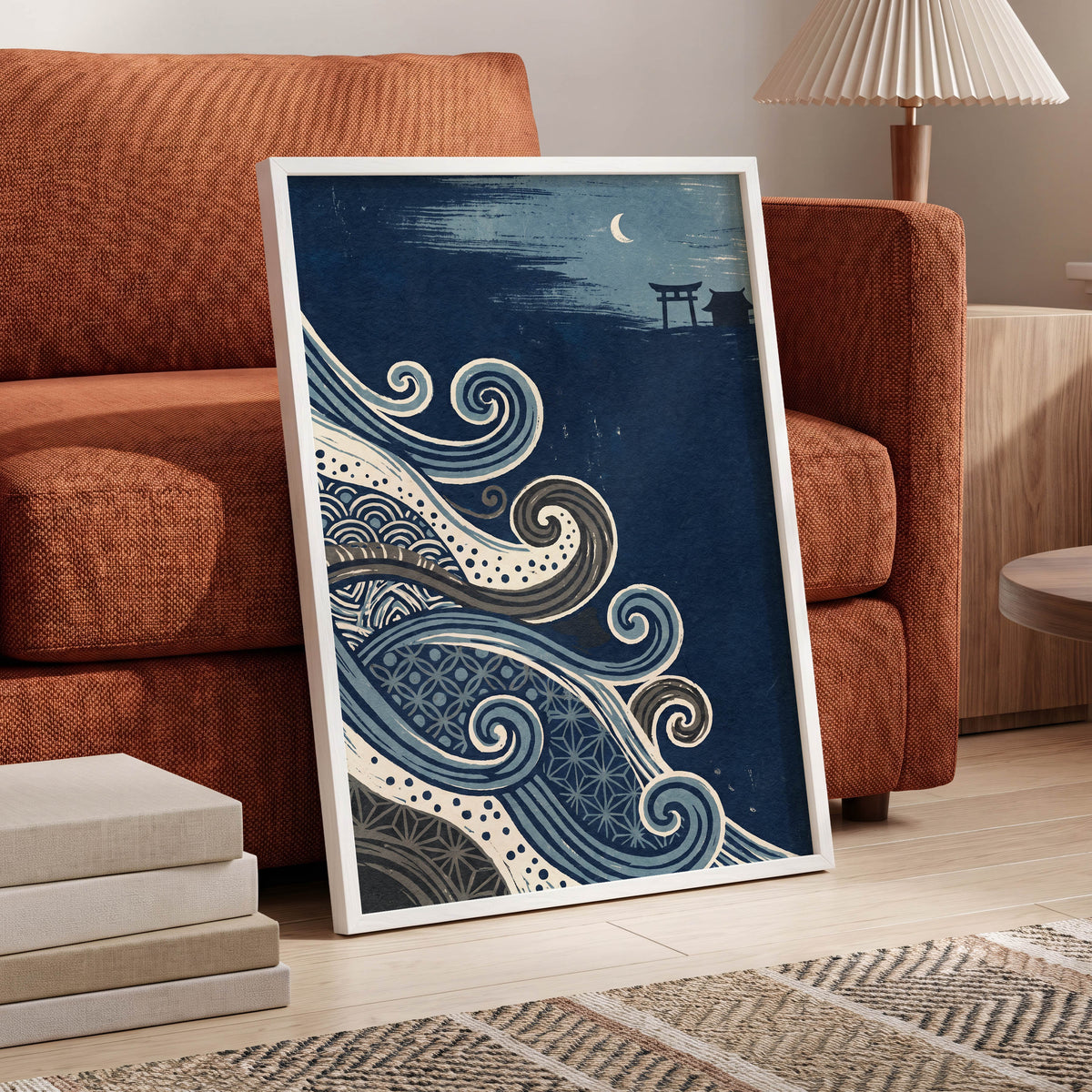 Tides of Indigo, blue, beige, gray nature wall art displayed in a styled interior, gallery view 2