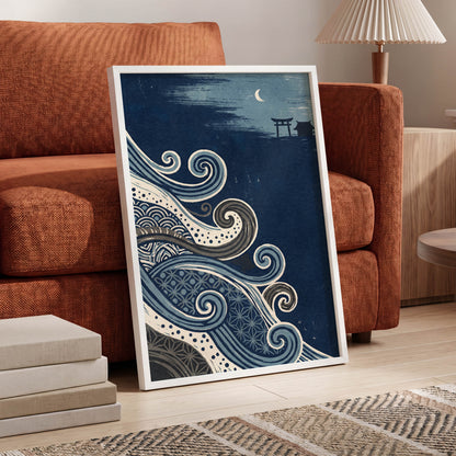 Tides of Indigo, blue, beige, gray nature wall art displayed in a styled interior, gallery view 2