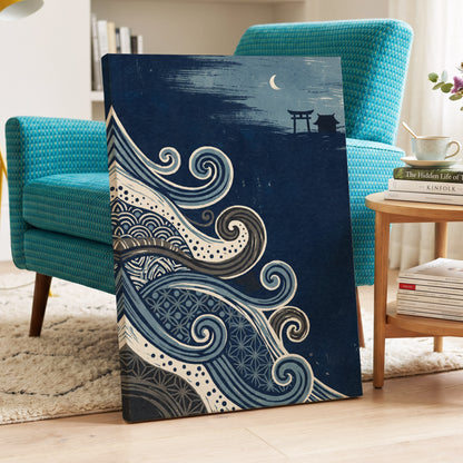 Tides of Indigo, blue, beige, gray nature wall art displayed in a styled interior, gallery view 3