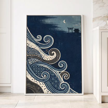 Tides of Indigo, blue, beige, gray nature wall art displayed in a styled interior, gallery view 4