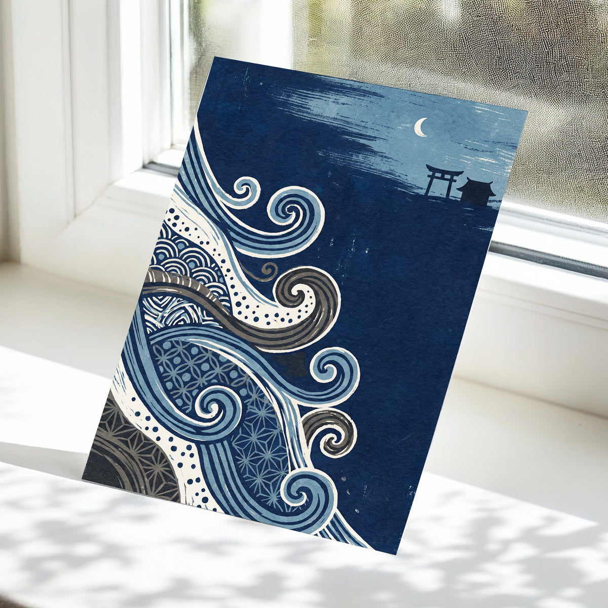 Tides of Indigo, blue, beige, gray nature wall art displayed in a styled interior, gallery view 5