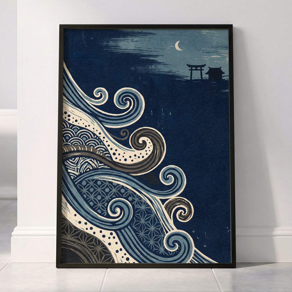 Tides of Indigo, blue, beige, gray nature wall art displayed in a styled interior, gallery view 6