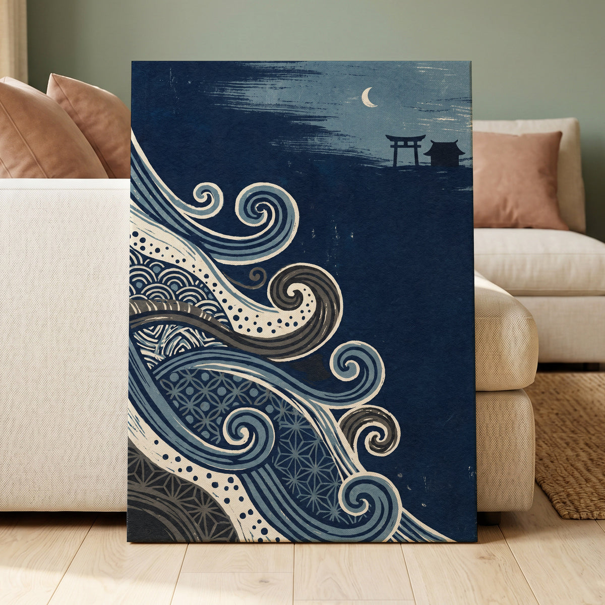Tides of Indigo, blue, beige, gray nature wall art displayed in a styled interior, gallery view 7