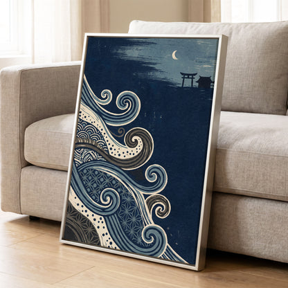 Tides of Indigo, blue, beige, gray nature wall art displayed in a styled interior, gallery view 8
