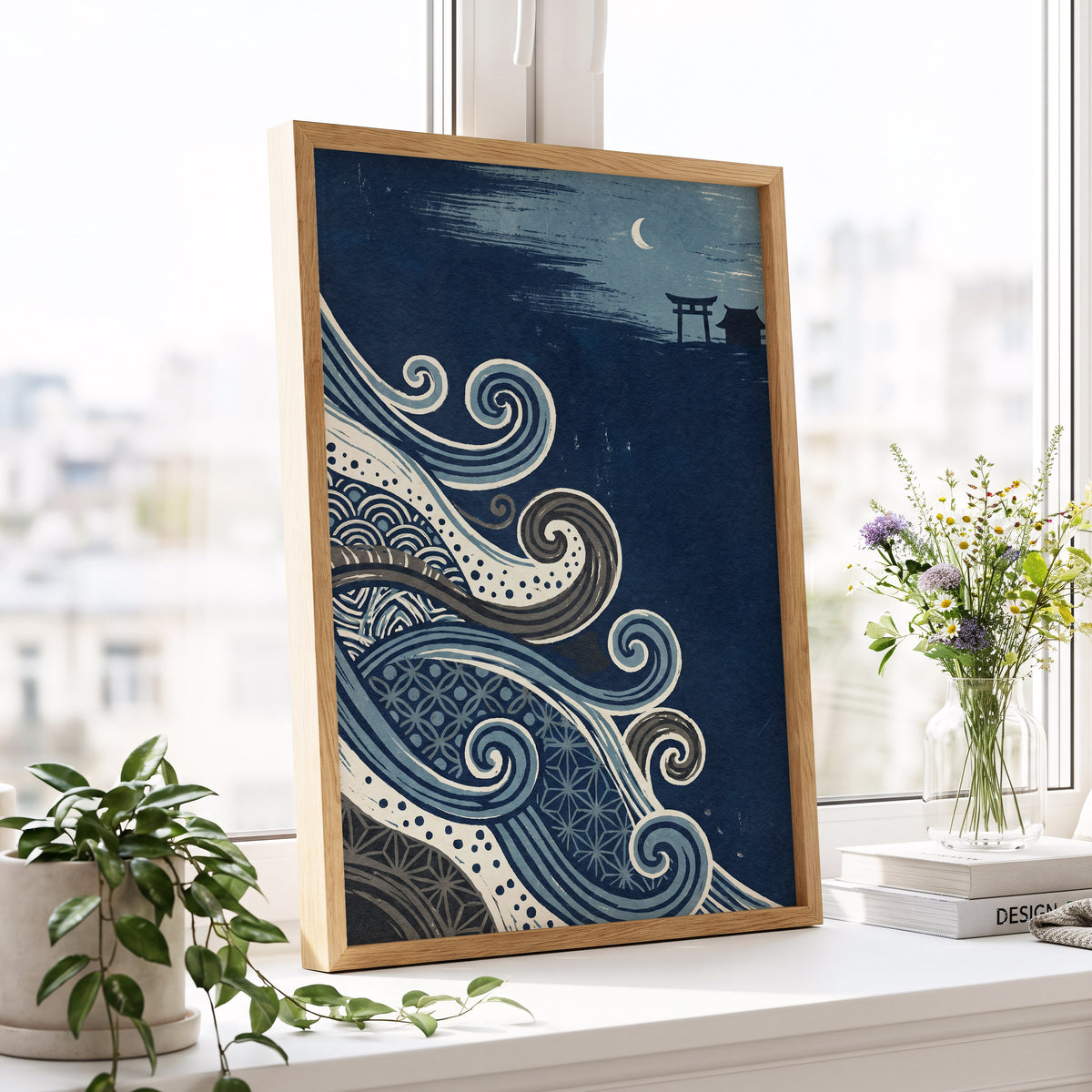 Tides of Indigo, blue, beige, gray nature wall art displayed in a styled interior, gallery view 9