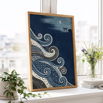Tides of Indigo, blue, beige, gray nature wall art displayed in a styled interior, gallery view 9