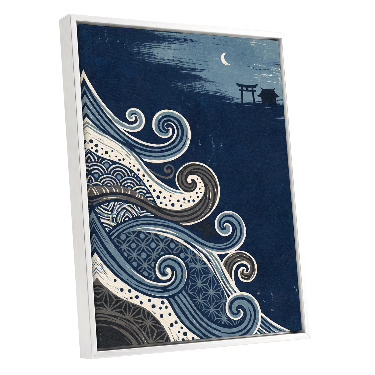 Tides of Indigo, blue, beige, gray nature wall art shown as a white framed canvas wall art