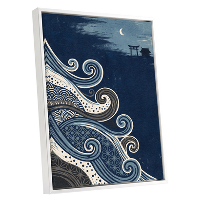 Tides of Indigo, blue, beige, gray nature wall art shown as a white framed canvas wall art