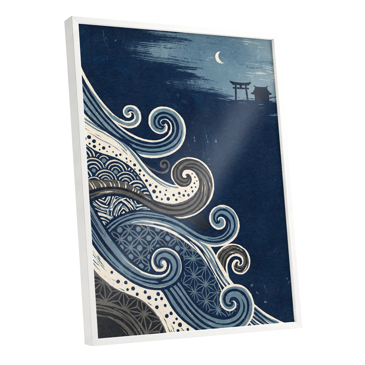 Tides of Indigo, blue, beige, gray nature wall art shown as a white framed poster wall art print