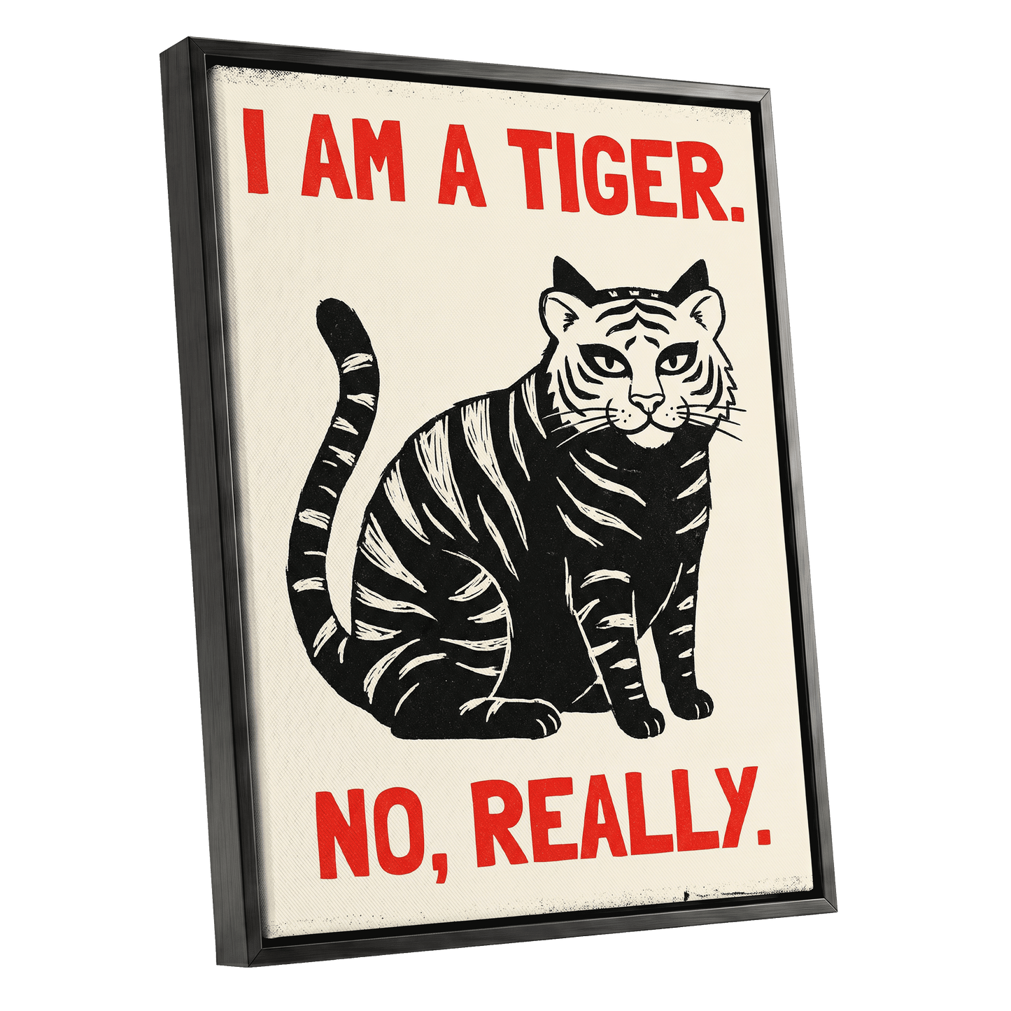 Tiger, Honestly, black, beige, red nature wall art shown as a black framed canvas wall art