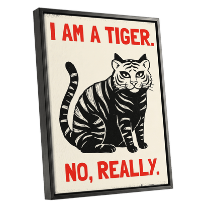Tiger, Honestly, black, beige, red nature wall art shown as a black framed canvas wall art