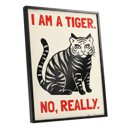 Tiger, Honestly, black, beige, red nature wall art shown as a black framed poster wall art print