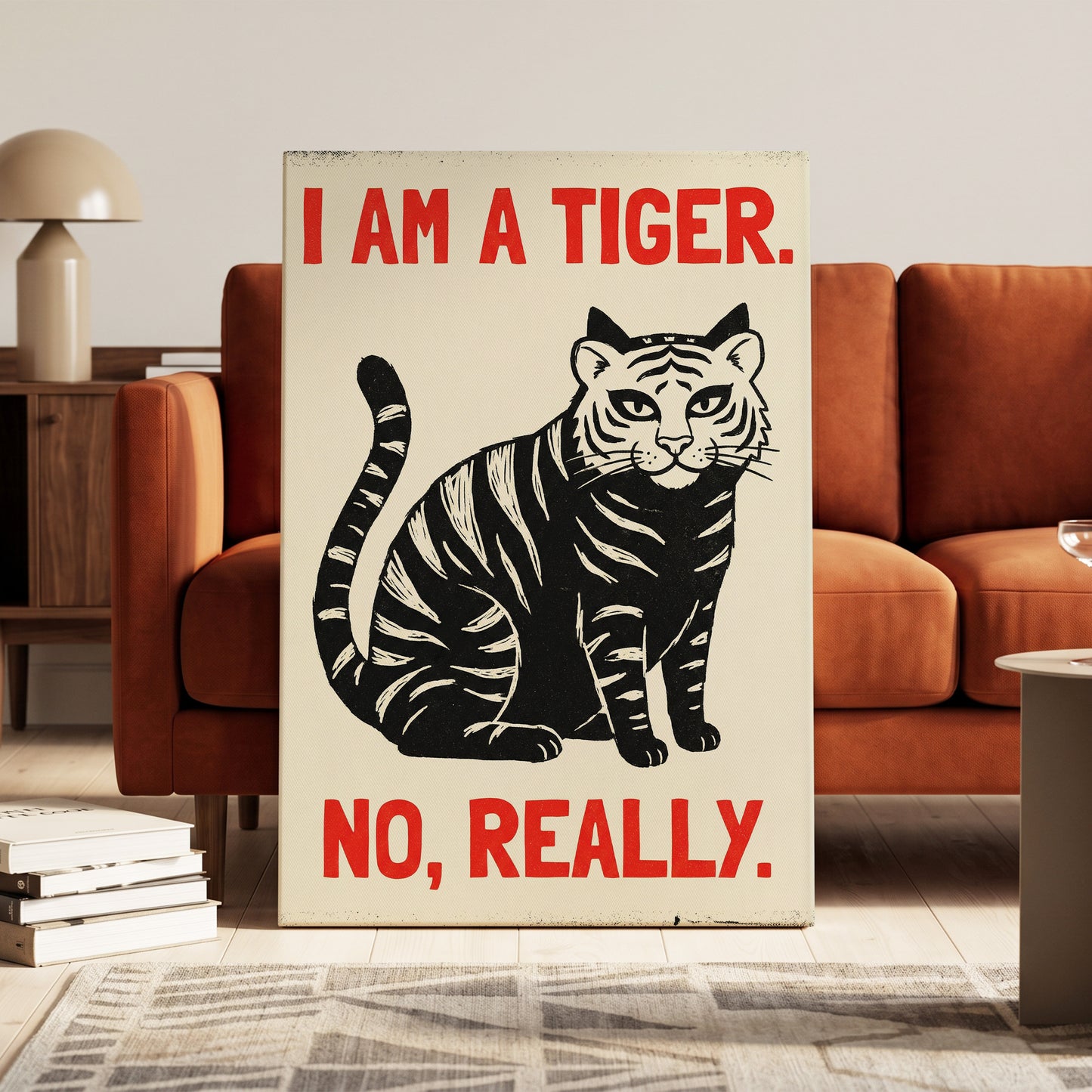 Tiger, Honestly, black, beige, red nature wall art on canvas displayed in a styled interior, gallery view 1