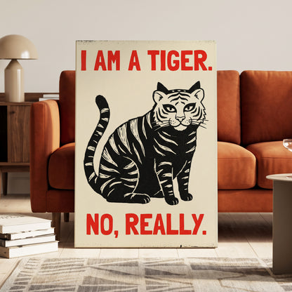 Tiger, Honestly, black, beige, red nature wall art on canvas displayed in a styled interior, gallery view 1