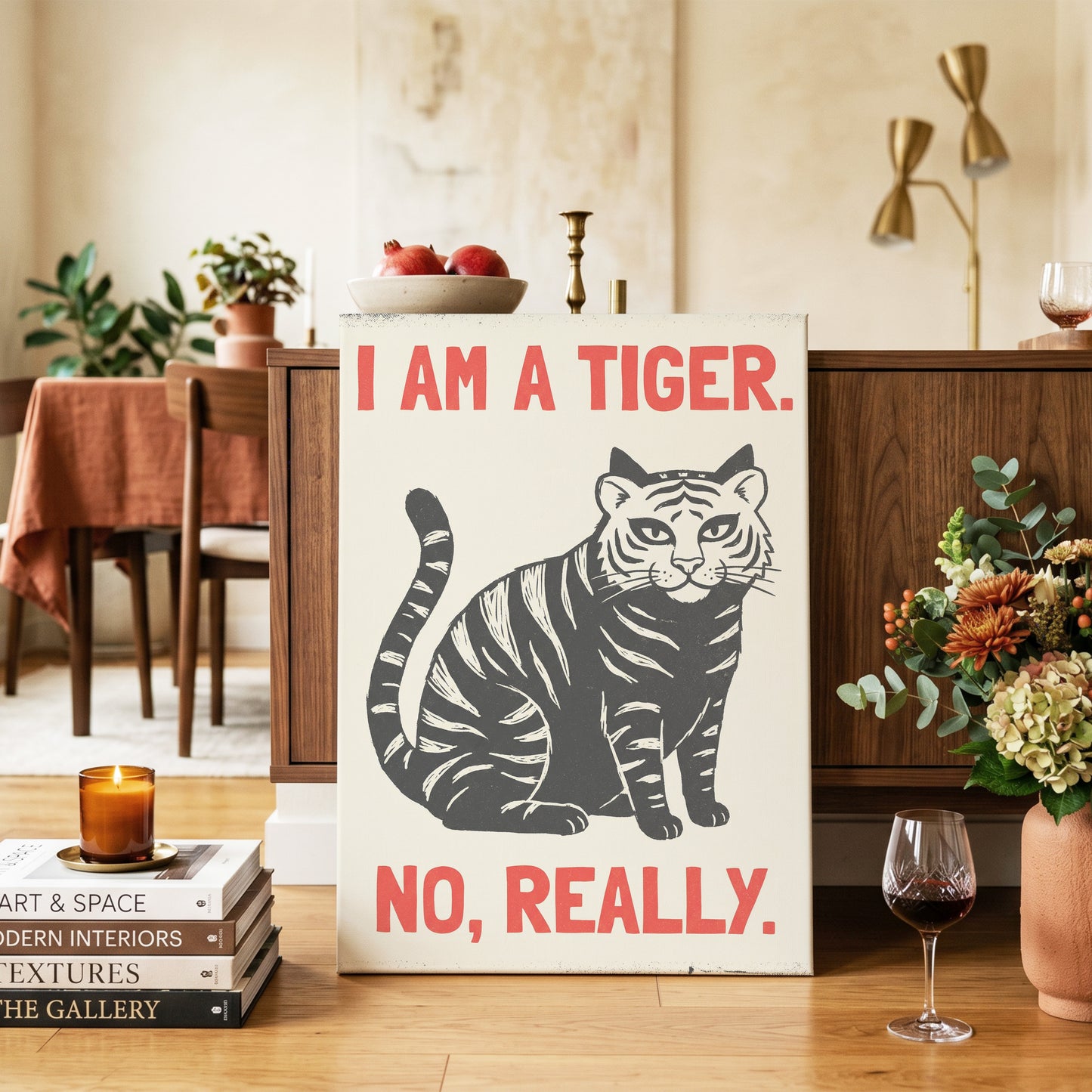 Tiger, Honestly, black, beige, red nature wall art on canvas displayed in a styled interior, gallery view 2