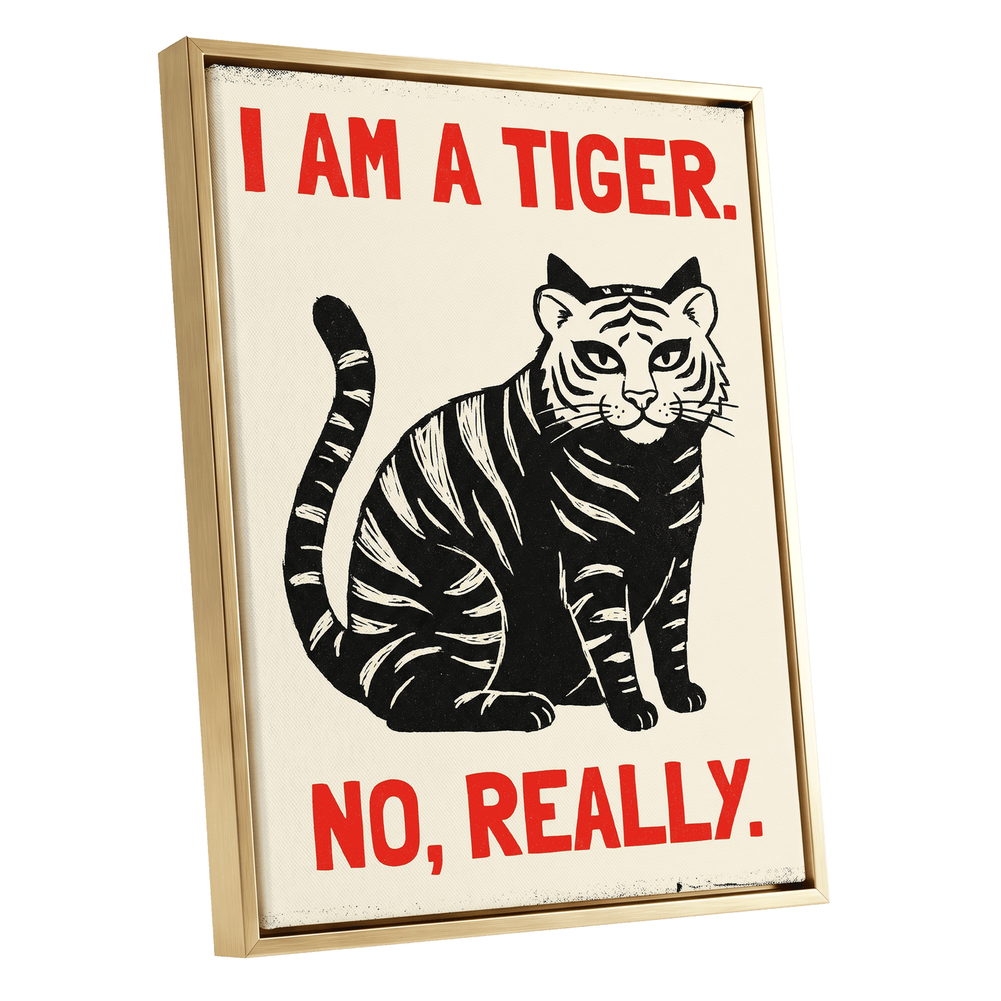 Tiger, Honestly, black, beige, red nature wall art shown as a gold framed canvas wall art