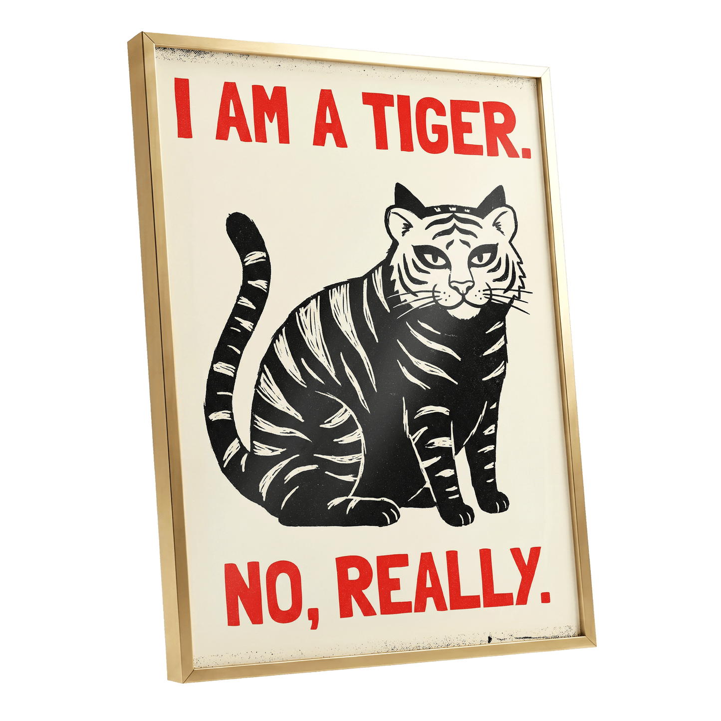 Tiger, Honestly, black, beige, red nature wall art shown as a gold framed poster wall art print