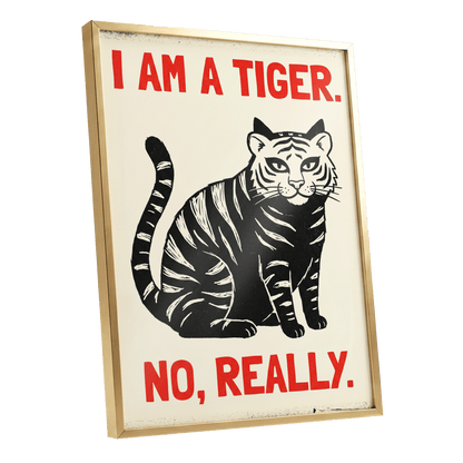 Tiger, Honestly, black, beige, red nature wall art shown as a gold framed poster wall art print