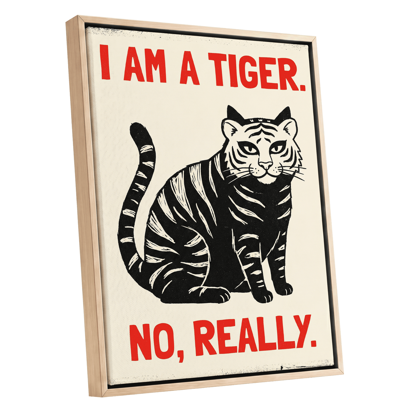 Tiger, Honestly, black, beige, red nature wall art shown as a oak framed canvas wall art