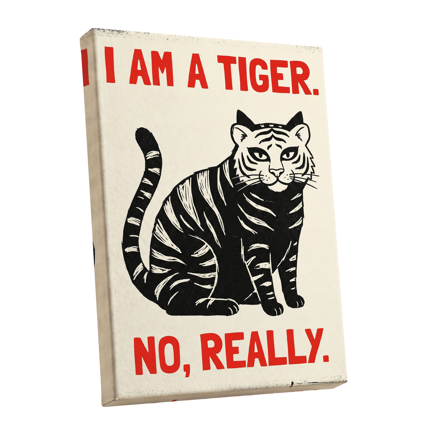 Tiger, Honestly, black, beige, red nature wall art shown as a stretched canvas wall art