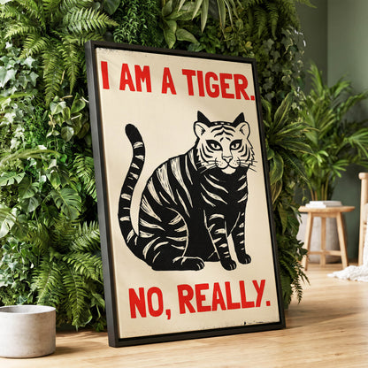 Tiger, Honestly, black, beige, red nature wall art displayed in a styled interior, gallery view 1